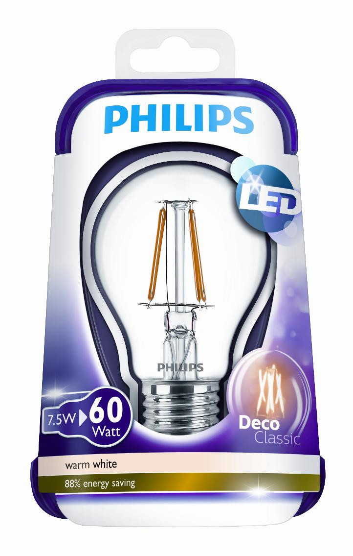 Philips LEDbulb Filament 7.5-60W E27 WW A60 CL